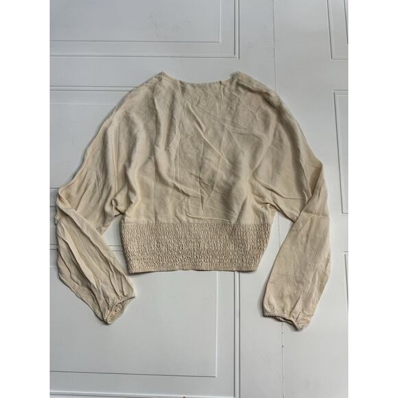 Zara Tan Long Sleeve Cropped Top Size XS Lace Button Up Smocked Shirt - Picture 4 of 6